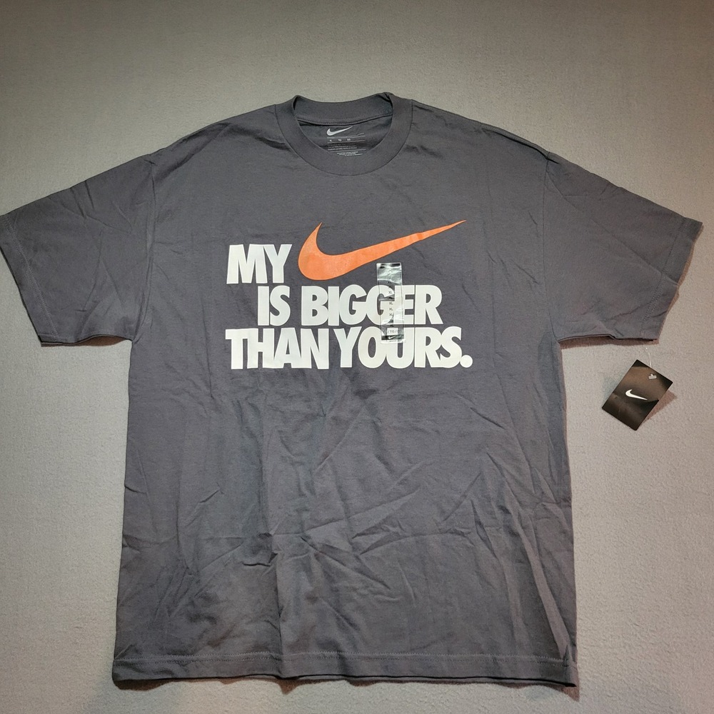 Nike Men's Short Sleeve Graphic Tee - Charcoal with Orange Swoosh & White Text